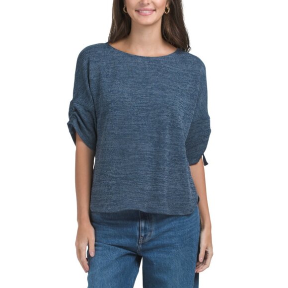 MAX STUDIO LONDON Denim Ruched Sleeve Boat Neck Top - Picture 1 of 2